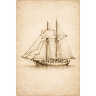 Antique Schooner Sail Study, Minimalist Nautical Art Print, 24″ × 36″ For Sale