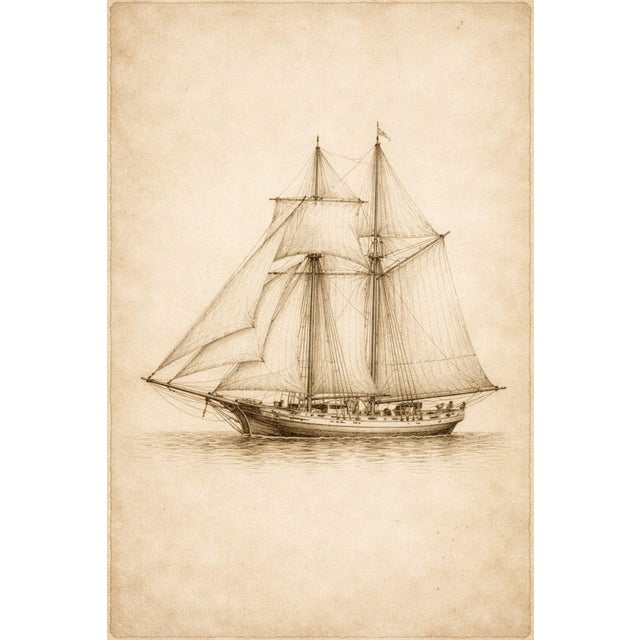 Antique Schooner Sail Study, Minimalist Nautical Art Print, 24″ × 36″ For Sale