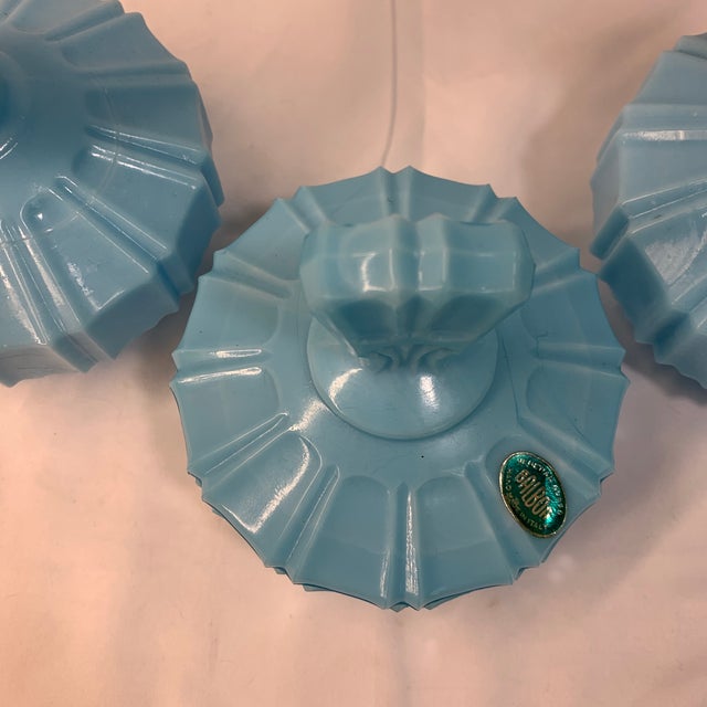 Murano Set of 3 French Blue Opaline Vanity Bottles and Lidded Jar Murano Imported by Balboa Made in Italy For Sale - Image 4 of 10