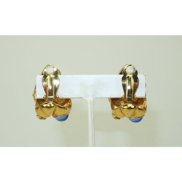 Yves Saint Laurent Antigona Paris Gold Plated Sculptural Earrings With Blue Cabochons, a Pair For Sale - Image 4 of 12
