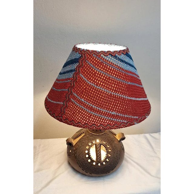 Vintage German Table Lamp with an Internally Lit Brown Ceramic Base and Handmade Fabric Shade from Lamplove, 1970s For Sale - Image 3 of 10