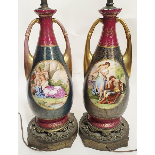 Pair Antique Austrian Royal Vienna Porcelain Vase Lamps by Kaufmann For Sale - Image 4 of 12