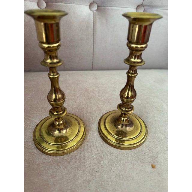 Pair of Vintage Solid Brass Candlesticks Holders For Sale - Image 4 of 5
