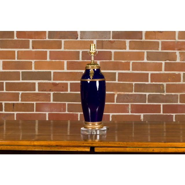 19th Century French Blue Cobalt Vase Made into a Table Lamp on Lucite For Sale In Atlanta - Image 6 of 12