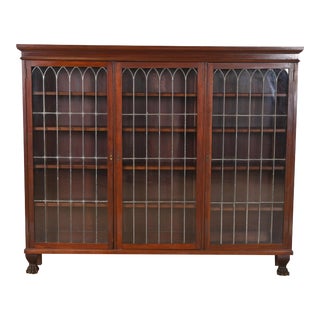 R. J. Horner Style Victorian Carved Mahogany Leaded Glass Triple Bookcase, Circa 1890s For Sale