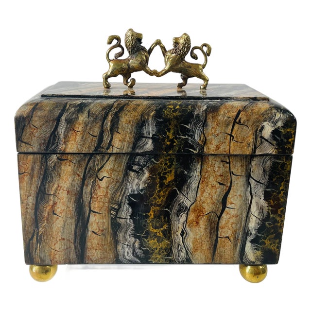 1980s Faux Marble Box With Lion Finials For Sale