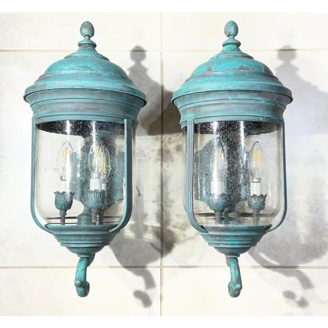 Pair of Vintage Solid Brass Wall Lanterns /Sconces 22”x10”x11”.5 For Sale - Image 11 of 16