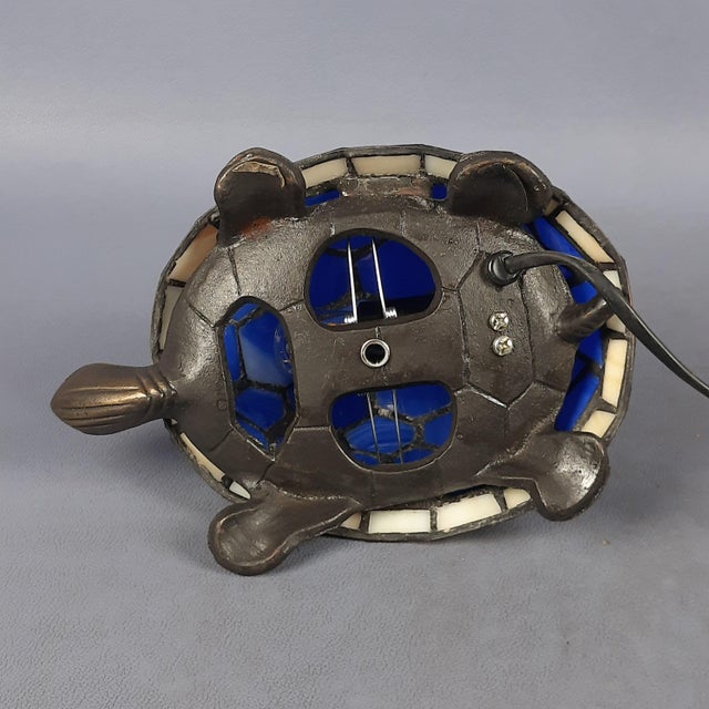 Vintage Turtle Table Lamp in Blue Leaded Glass and Brass, 1970s For Sale - Image 6 of 12