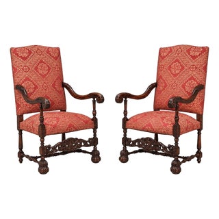 Baroque Style, Large Armchairs, Carved Wood, Red Damask, England, 1920s For Sale