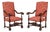 Baroque Style, Large Armchairs, Carved Wood, Red Damask, England, 1920s For Sale