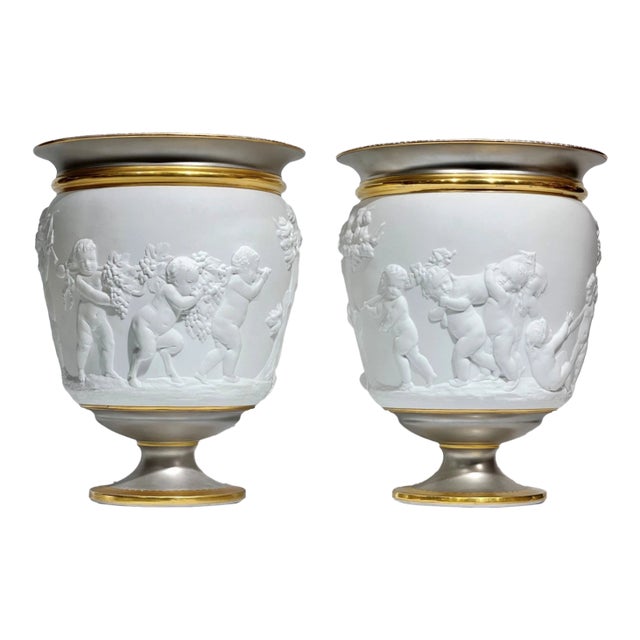 Pair Paris Porcelain Cachepots / Vases - Louis XV XVI Style For Sale