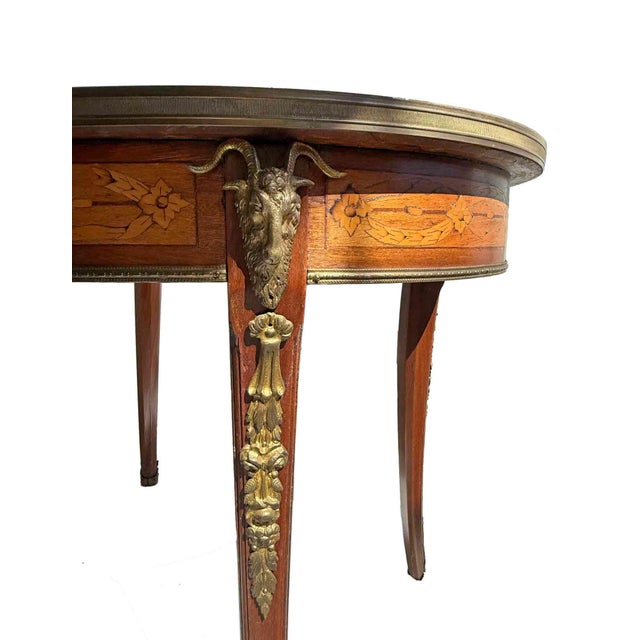 French Antique Oval Inlayed Table With Inset Marble Top For Sale - Image 3 of 6