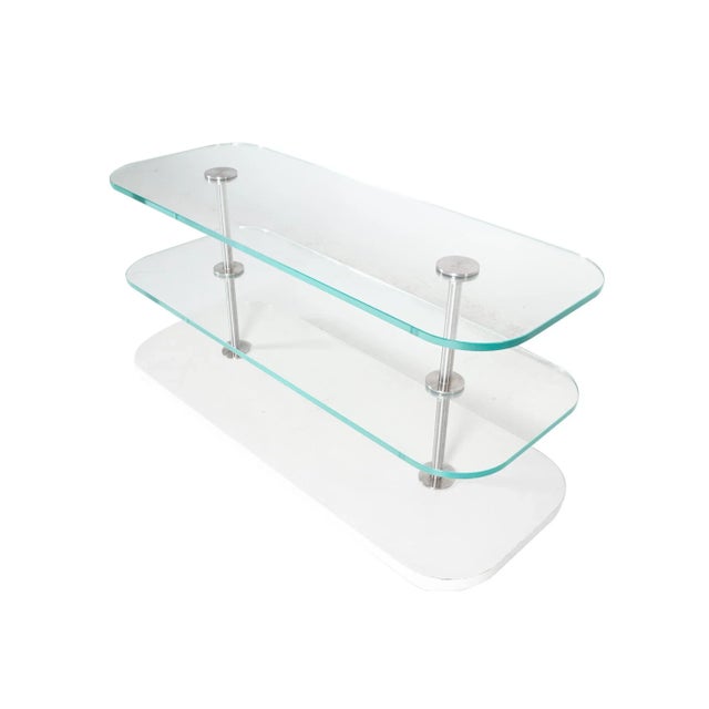 Metal Contemporary 3-Tier Laminate Stainless and Glass Display For Sale - Image 7 of 8