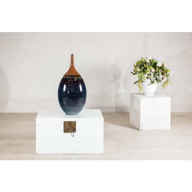 Large Artisan Ceramic Vase in Midnight Blue with Brown Tapered Neck For Sale - Image 16 of 18