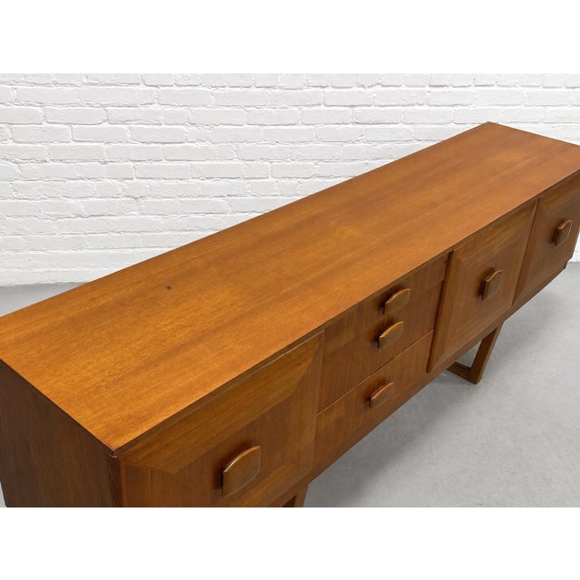 Mid Century Modern Teak Credenza by Stonehill | Long Sideboard With Funky Sculpted Pulls and Sled Legs, Made in England, C. 1960’s For Sale - Image 10 of 18