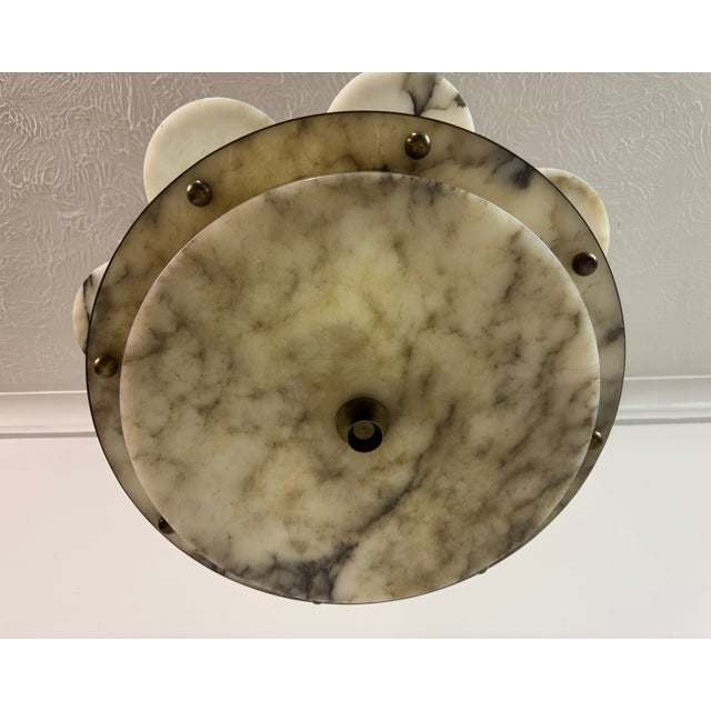 Metal Art Deco Alabaster and Brass 8-Arm Chandelier, 1930s For Sale - Image 7 of 17