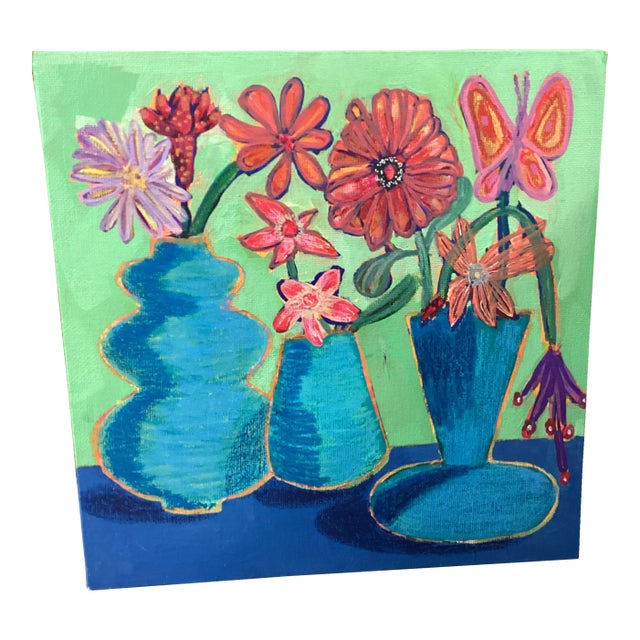 Abstract Floral Still Life Painting, Colorful Modern Vase Art, MCM Style, Original 8x8 Teal Blue For Sale