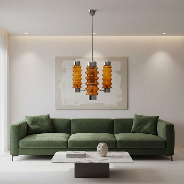 1970s Tall Mid-Century Modern Chandelier in Amber Brown Glass and Chrome, 1970s For Sale - Image 5 of 10