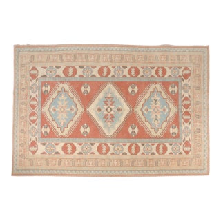 Hand-Knotted Bohemian Area Rug, Faded Terracotta and Blue Carpet For Sale