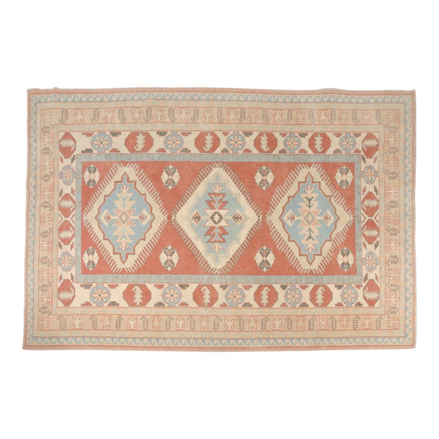 Hand-Knotted Bohemian Area Rug, Faded Terracotta and Blue Carpet For Sale