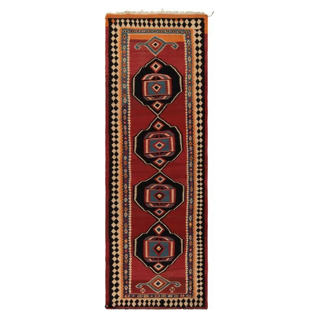 Red Vintage Kurdish Kilim Rug in Red With Black and Blue Tribal Medallion Patterns For Sale - Image 8 of 8