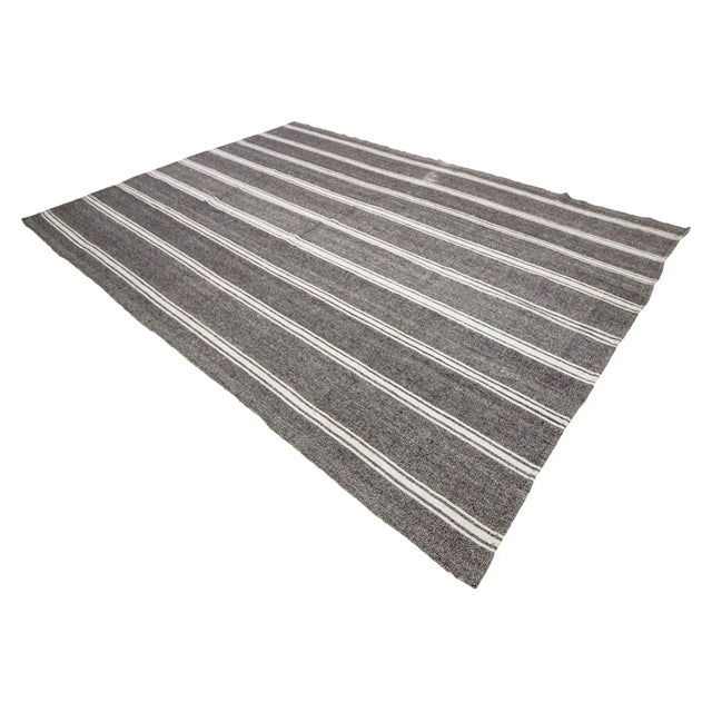 1960s Vintage Gray & White Striped Kilim Rug- 8′1″ × 11′3″ For Sale - Image 4 of 7