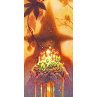 Beer Witch by Beth Radloff | Mixed Media on Paper illustration of a hand holding glowing creatures. For Sale