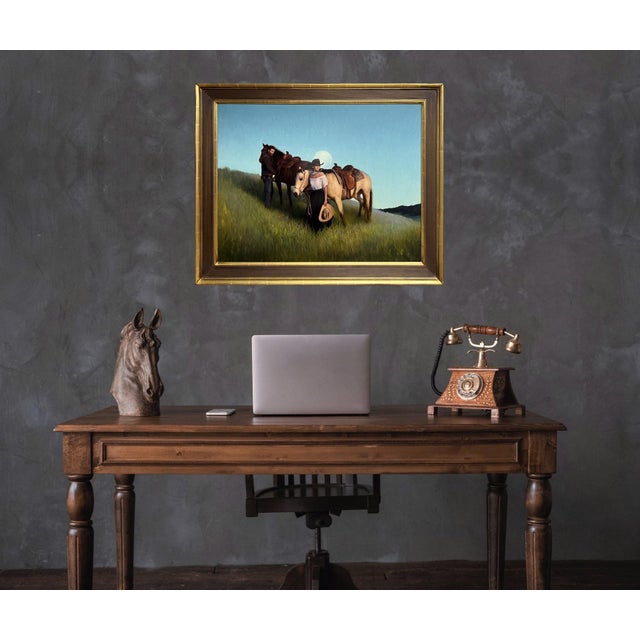 Early 21st Century Rising by Derek Harrison | Oil on Linen of two figures with horses at dusk For Sale - Image 5 of 5