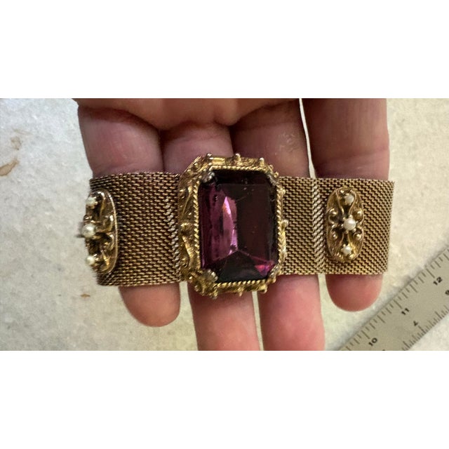 Metal Gold-Tone Woven Mesh Bracelet With Rectangular Glass Setting Deep Purple For Sale - Image 7 of 7