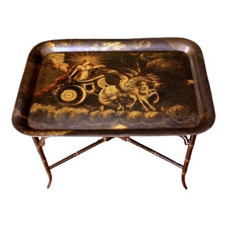 Circa 1840 Decorated Tole Tray on Custom Coffee Table Height Stand For Sale