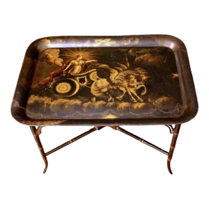 Circa 1840 Decorated Tole Tray on Custom Coffee Table Height Stand