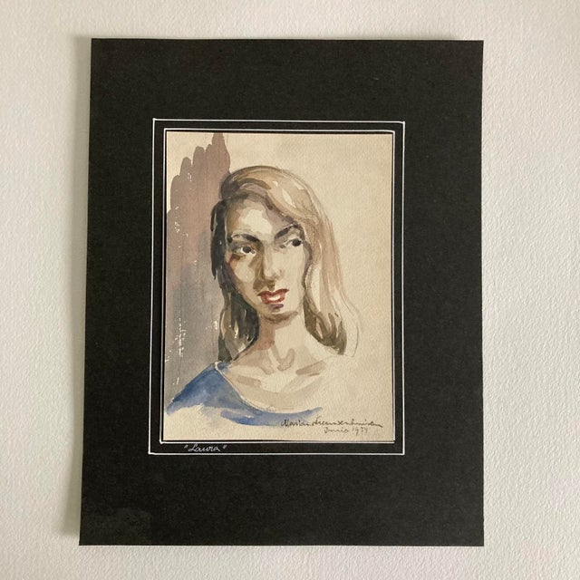 An original, mid-century, watercolor painting of a young woman with long, dark hair. Painting is signed by artist, dated...