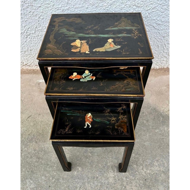 1960s Set of Three Antique Chinese Lacquered Nesting Tables For Sale - Image 11 of 11