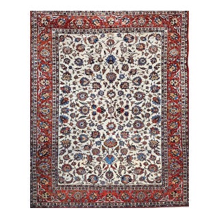 Vintage Persian Isfahan Rug, Hand-Knotted Wool, Allover Floral Pattern, Ivory & Red, 10x14 For Sale