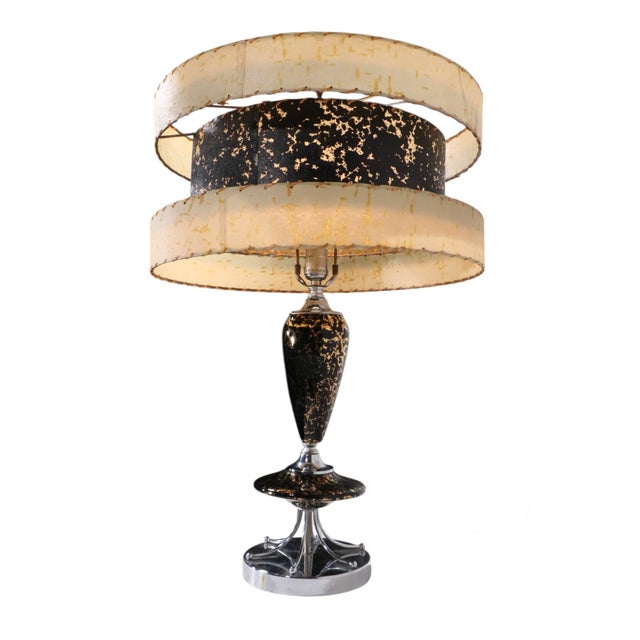 Black 1950's Mid Century Table Lamp With Original Three Tier Fiberglass Shade For Sale - Image 8 of 15