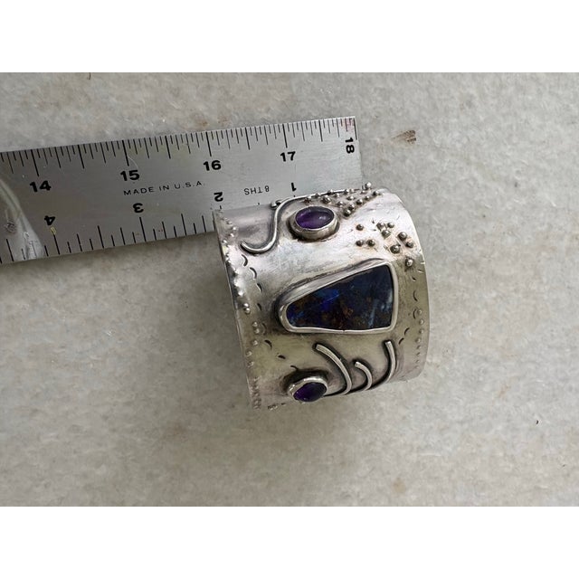 1970s Brutalist Sterling Silver Cuff Bracelet With Gem Stones For Sale - Image 4 of 7