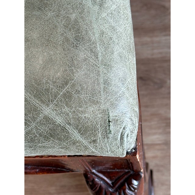 Henredon Henredon Furniture Green Leather Side Chairs With Multi-Patterned Striped Upholstered Backs- Set of 8 For Sale - Image 4 of 12