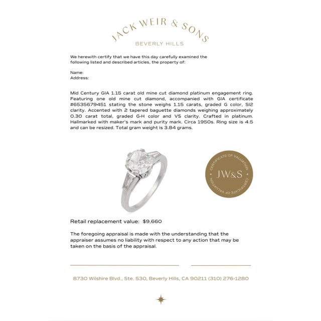 Platinum Mid Century Gia 1.15 Carat Old Mine Cut Diamond Platinum Engagement Ring, Size 4.5 For Sale - Image 8 of 8
