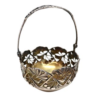 Small German Jugendstil Bruckmann & Söhne 800 Silver Gilt Ginkgo Basket For Sale