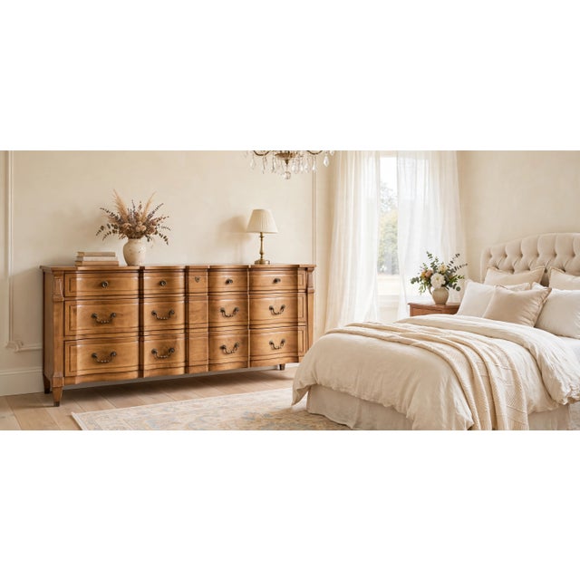 L METZ Furniture co - vintage French Provincial triple dresser hand carved in a warm honey fruitwood finish Serpentine...