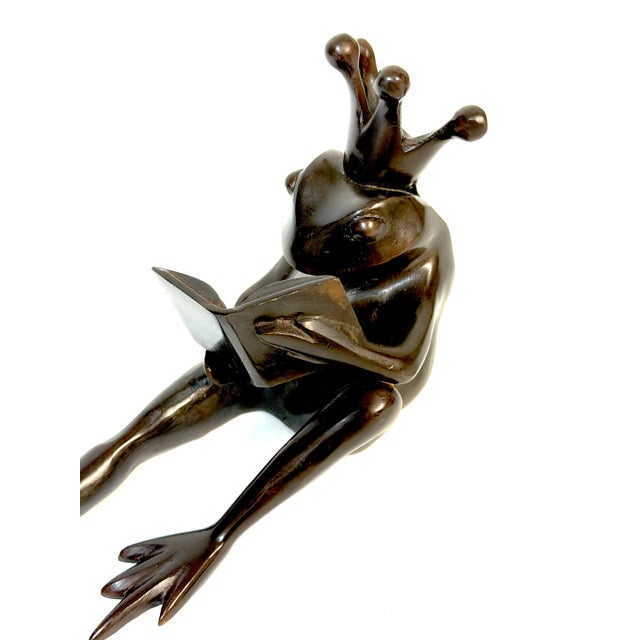 Pair Patinated Bronze Reclining Frog Prince Reading Book Bookends, Late 20th C. For Sale - Image 4 of 12