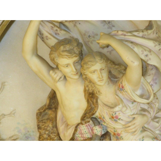 Late 19th Century Antique Porcelain Plaque, "The Storm" (La Tempête) After: French Artist Pierre Auguste Cot, Walnut Frame, European Figurine For Sale - Image 5 of 12