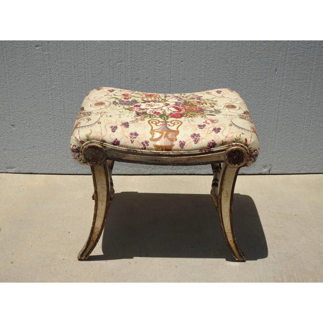 French Country Vintage French Country Floral Vanity Bench W Silver Gilt Base #2 For Sale - Image 3 of 12