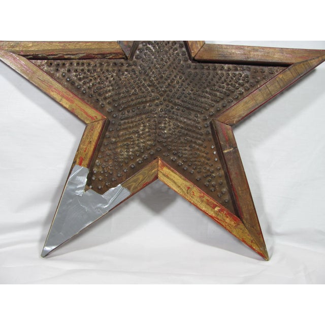 25" Vintage American Handmade Farm Barn Rustic Punched Tin and Wood Garnet Red Star Hanging Wall Art For Sale - Image 11 of 13