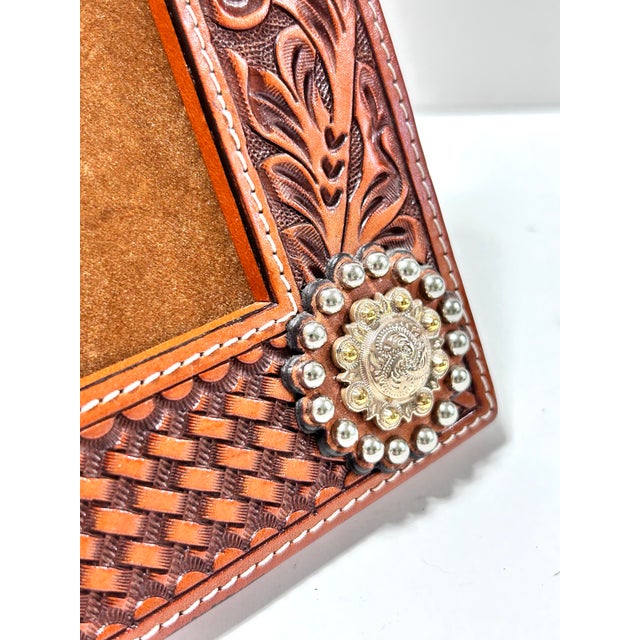 1980s Southwestern Tooled Leather Picture Frame With Concho Accents, Holds 5x7 Photo For Sale - Image 9 of 12