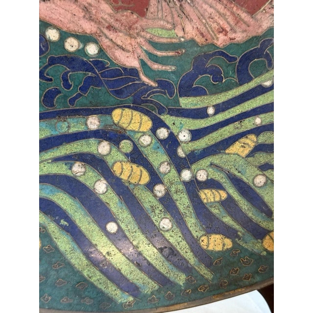 Metal Meiji Japanese Cloisonne Charger Urashima Taro Riding the Sea Bream Mythological For Sale - Image 7 of 11