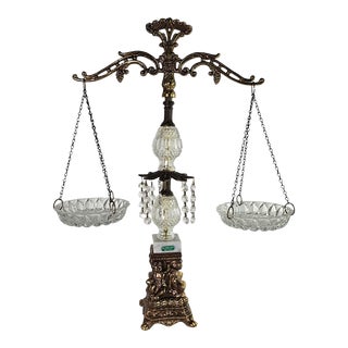 Italian Scales of Justice Crystal Brass Marble Base Cherub 22" H For Sale