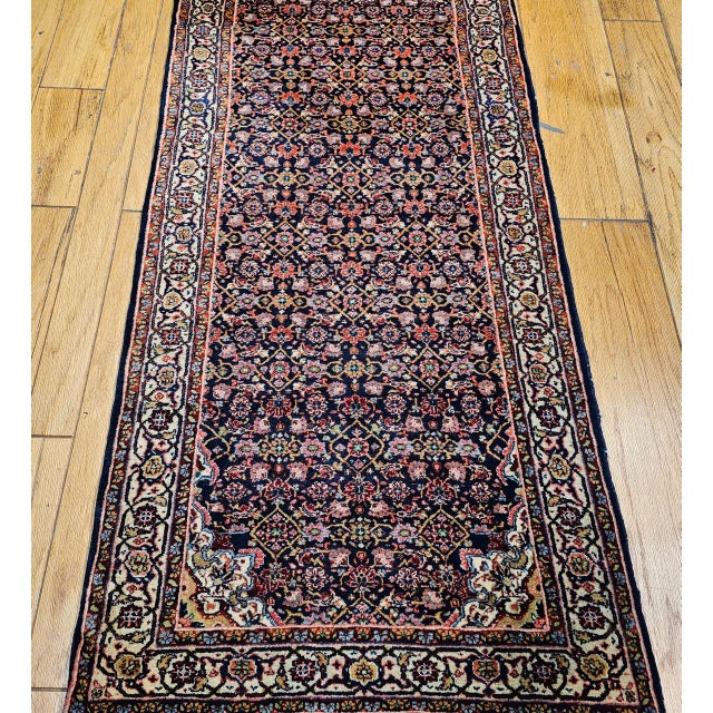 Persian Vintage Tabriz Long Runner, Hand-Woven Wool, All Over Herati Pattern, Navy & Ivory, 3x16 For Sale - Image 3 of 16