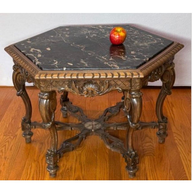 Vintage Italian Renaissance Style Carved Walnut Table Marble Top For Sale - Image 4 of 6