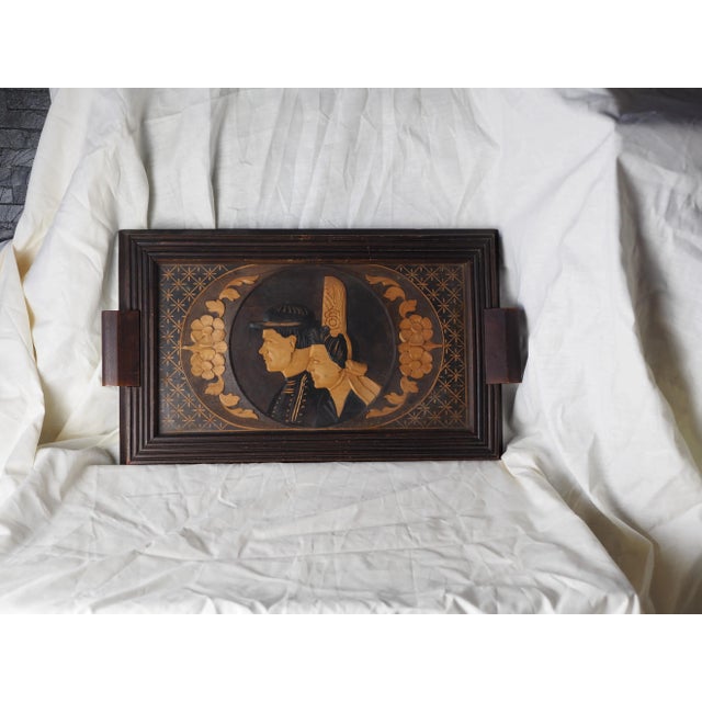 1930s French Breton Carved Wood Wedding Serving Tray, Couple in Traditionnal Costume For Sale - Image 4 of 11